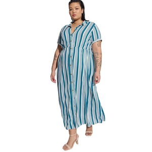 Women's TORRID Plus 3X Teal White Striped Button-Front Maxi Dress